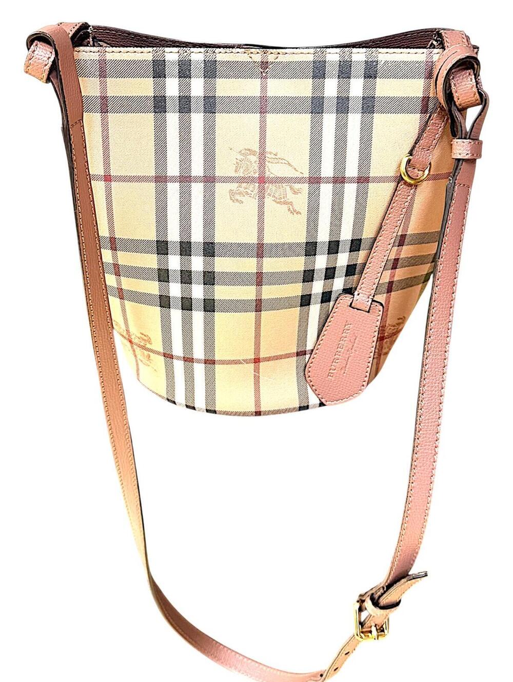 Burberry Haymarket Check Lorne Bucket Bag Pink Leather Trim Nova Check Crossbody